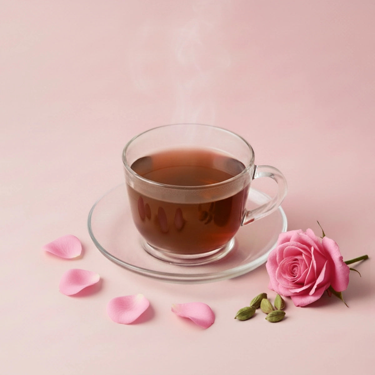 Freshly brewed Dakshin Rose & Cardamom Tea with rose petals and cardamom pods