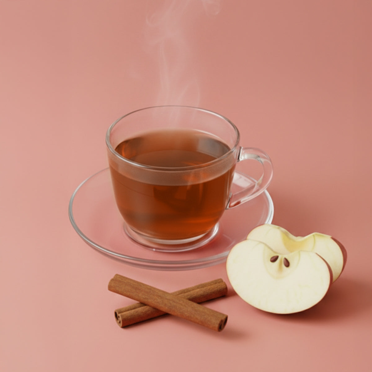Freshly brewed Dakshin Cozy Spicy Apple Cinnamon Tea with apple slices and cinnamon sticks