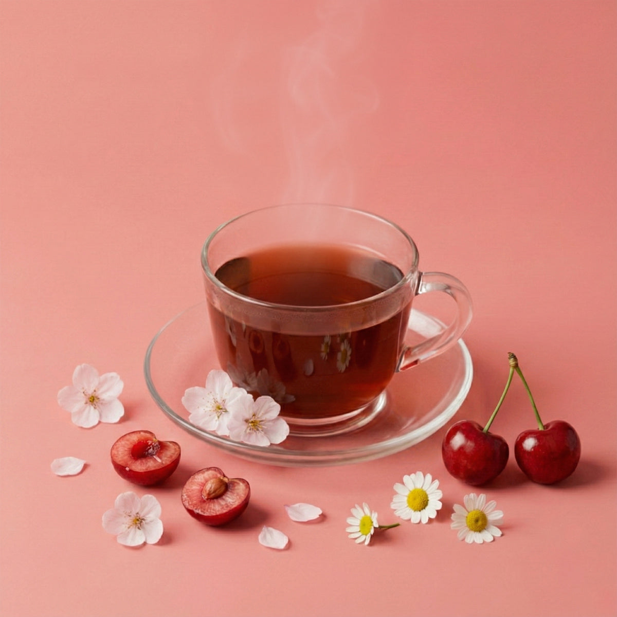 Freshly brewed Dakshin Wild Cherry Blossom Tea with cherry blossoms and herbs