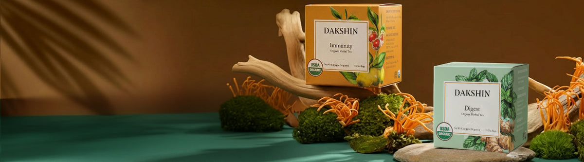 Wellness Ayurvedic teas by Dakshin showcasing a variety of herbal blends