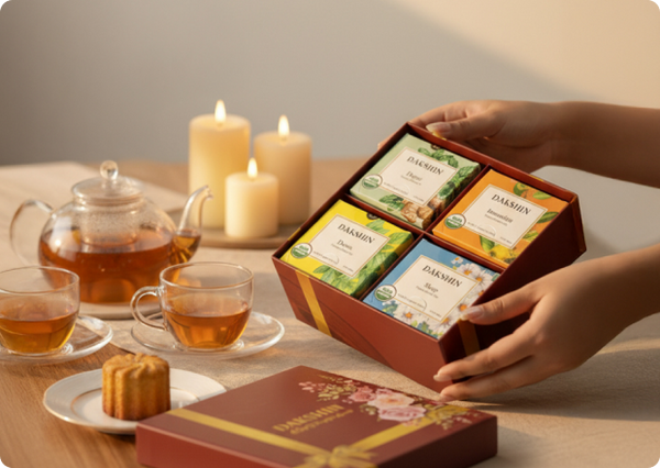Dakshin flavored teas giftbox featuring a curated selection of aromatic blends