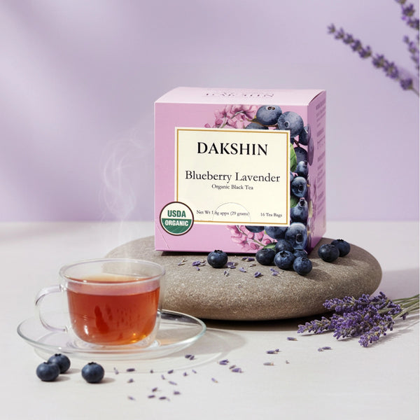 Antioxidant Organic Blueberry Lavender Tea by Dakshin with dried blueberries and lavender buds