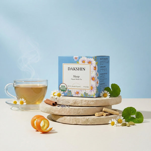Nighttime Rest Organic Sleep Tea by Dakshin with calming herbs for restful sleep