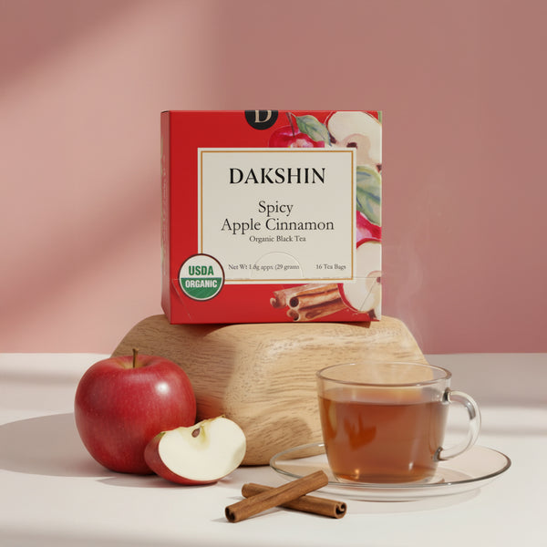 Cozy Organic Spicy Apple Cinnamon Tea by Dakshin with natural apple and cinnamon pieces