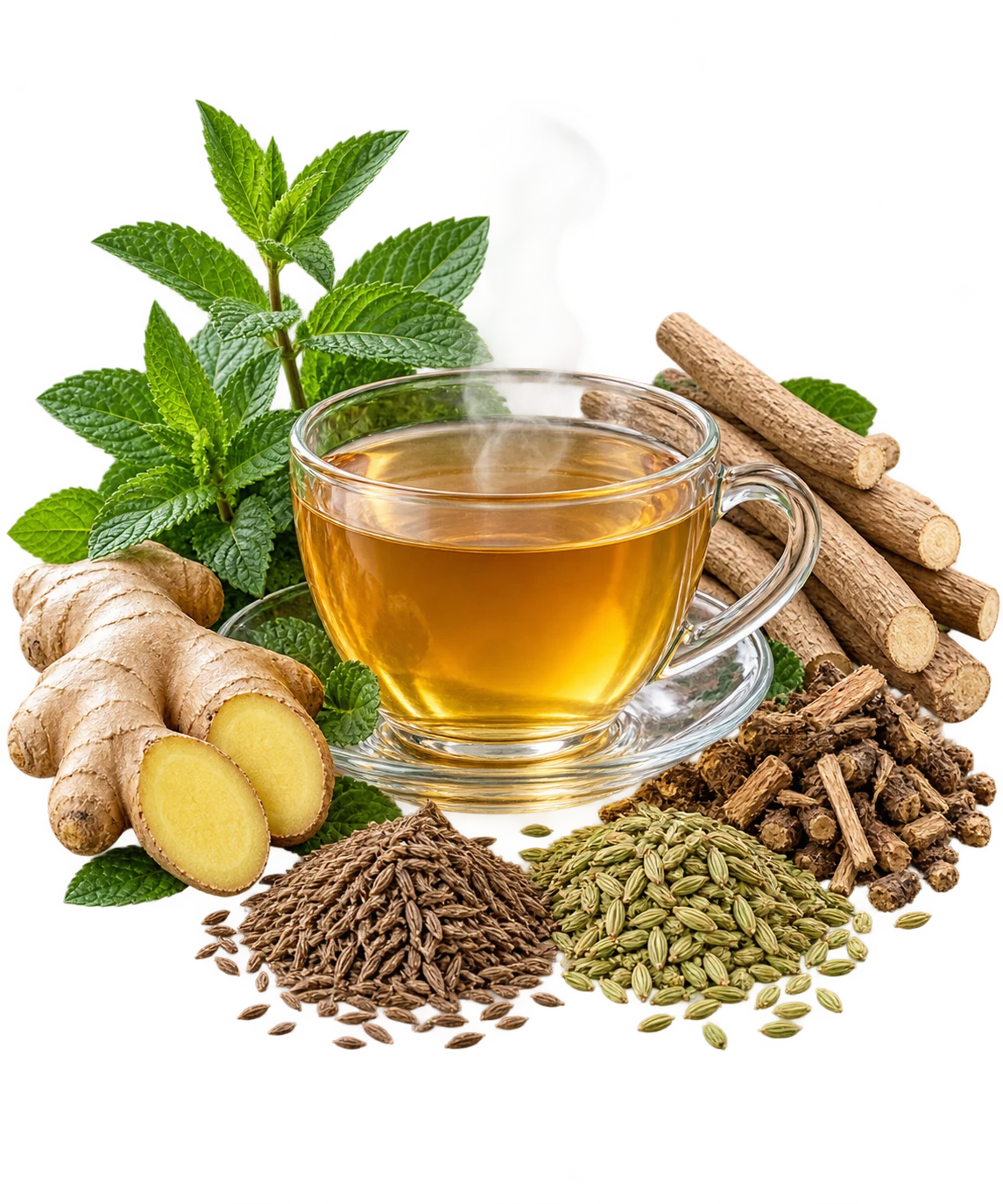 Steaming cup of Digest tea surrounded by its six listed ingredients
