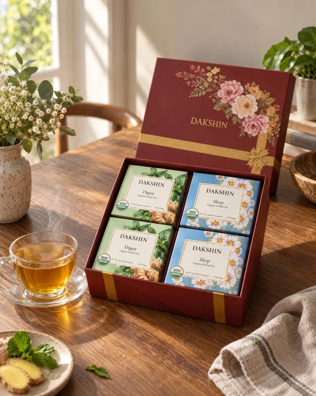 Open Dakshin gift box with two Digest and two Sleep tea boxes, each carrying the USDA Organic seal, beside a cup of tea