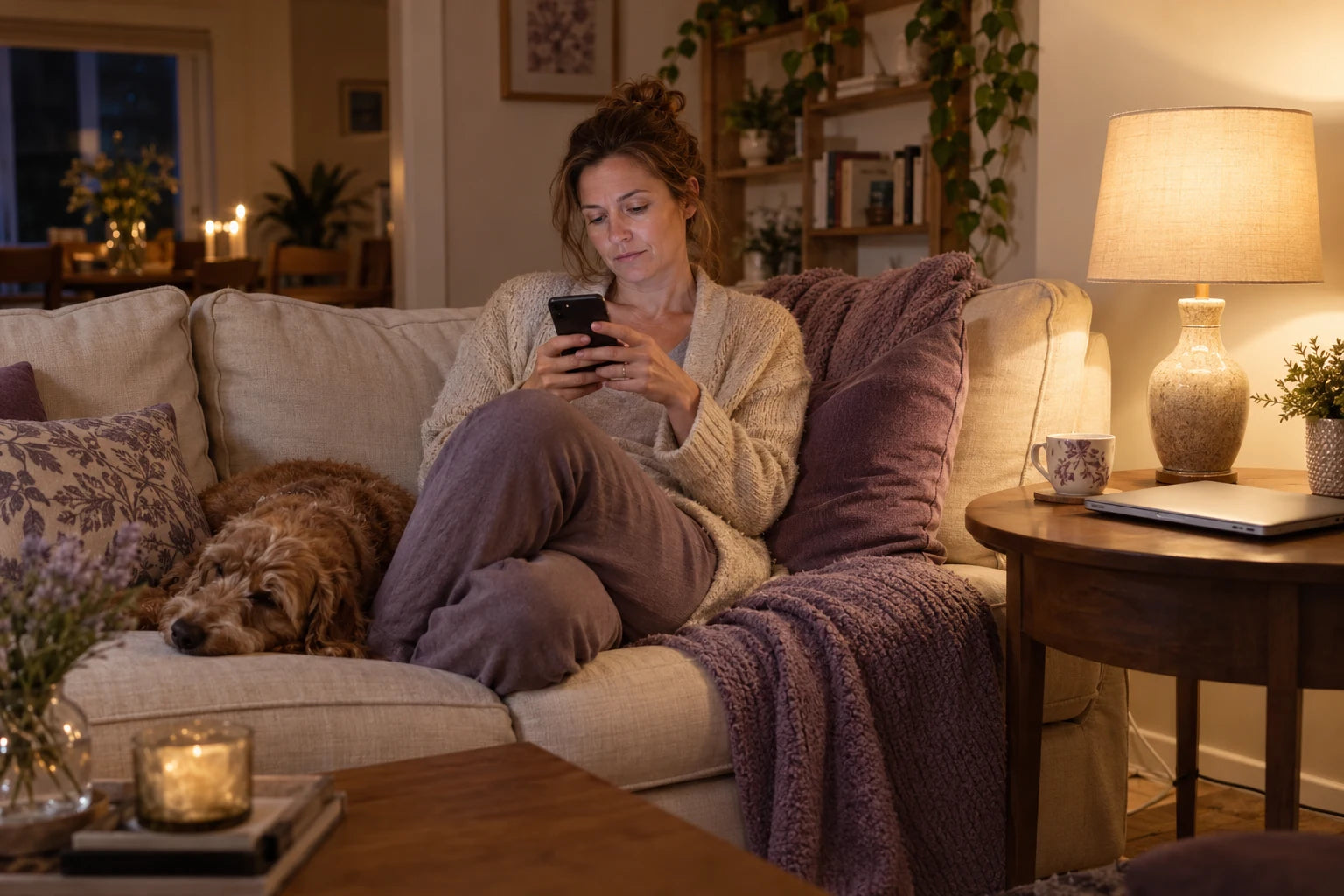 A woman looking at her phone on the sofa, with her laptop closed for the evening