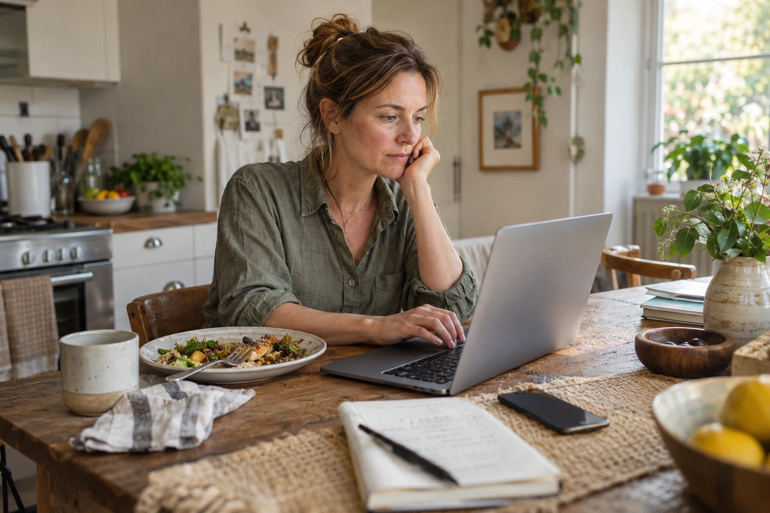 A woman turning back to her laptop with a partly eaten lunch beside her