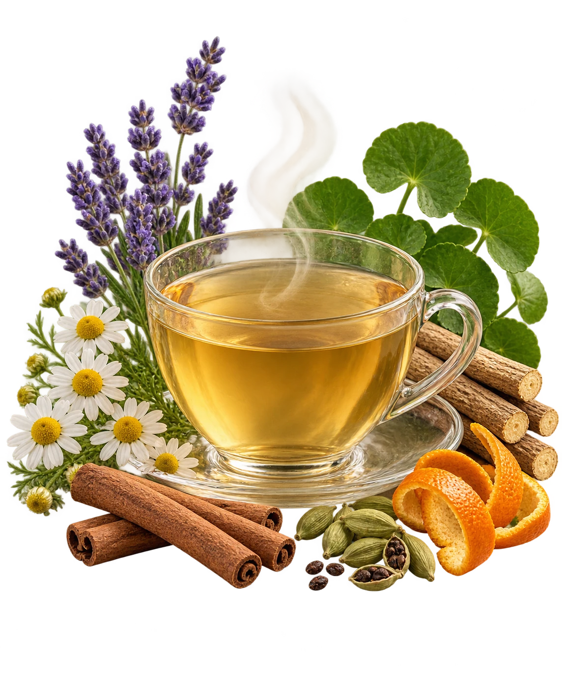 Steaming cup of Sleep tea surrounded by its seven listed ingredients